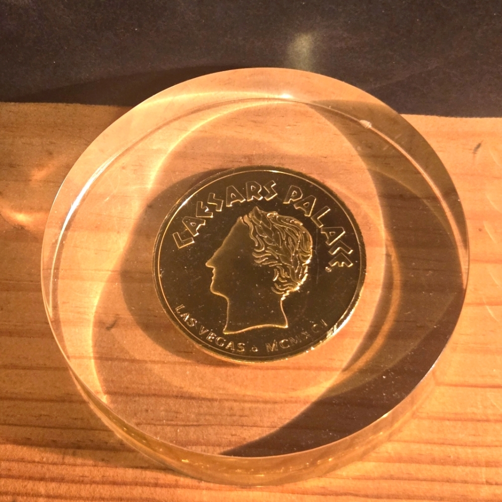 RARE CAESARS PALACE TOWER GRAND OPENING COIN HOTEL CASINO 4" ACRYLIC PAPERWEIGHT